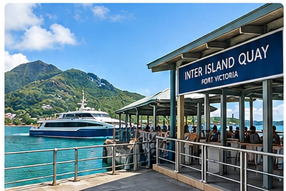 Przystań Inter Island Quay i katamaran w Victorii na Mahé