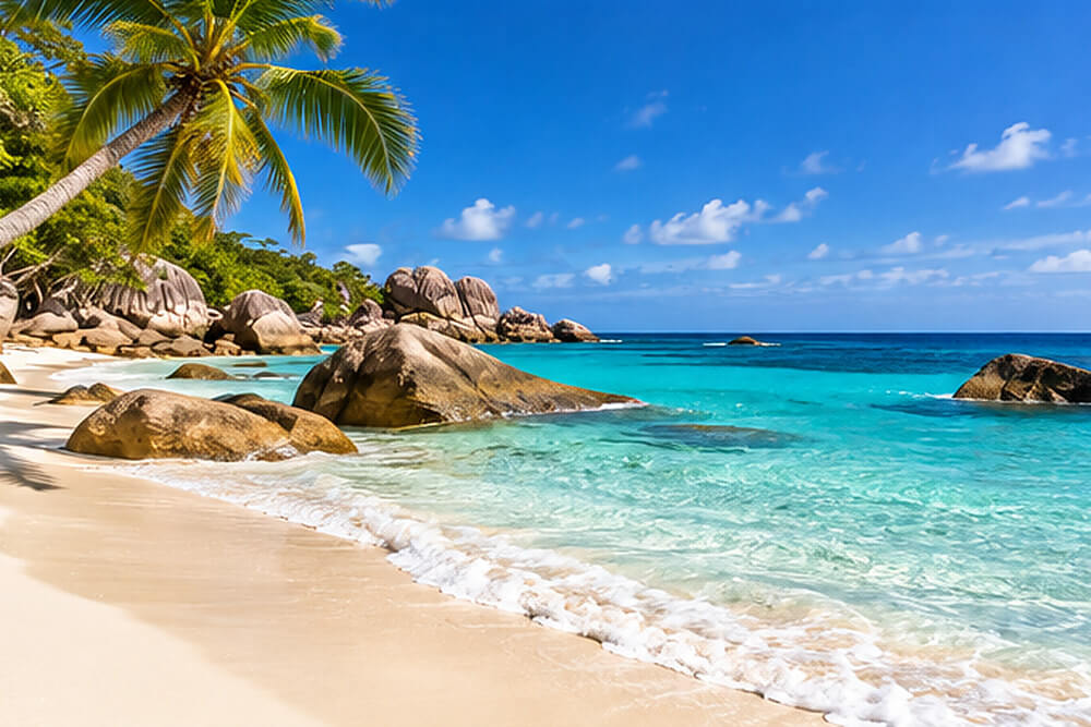 Granitowe głazy i jasny piasek na plaży Anse Lazio na Praslin