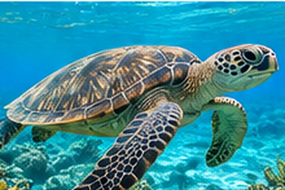 Żółw morski pływający nad rafą podczas snorkelingu na Seszelach