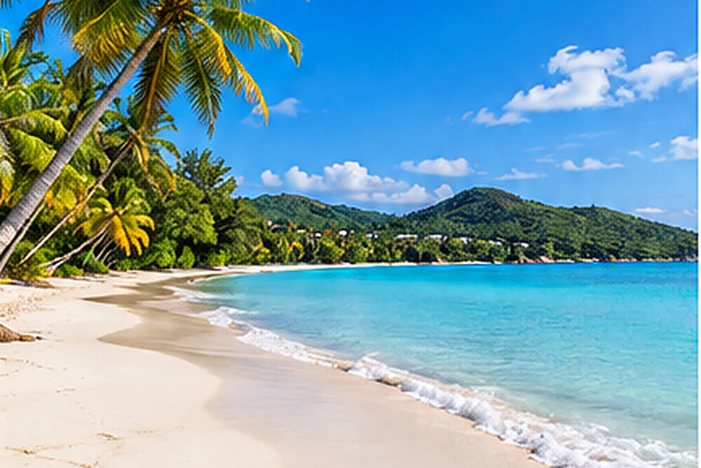 Palmy i piaszczysta plaża Côte d’Or nad turkusową zatoką Praslin