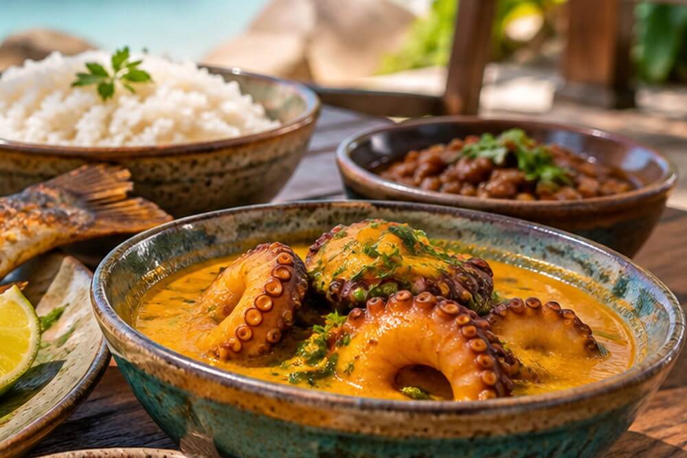 Kokosowe curry z ośmiornicy podane z ryżem