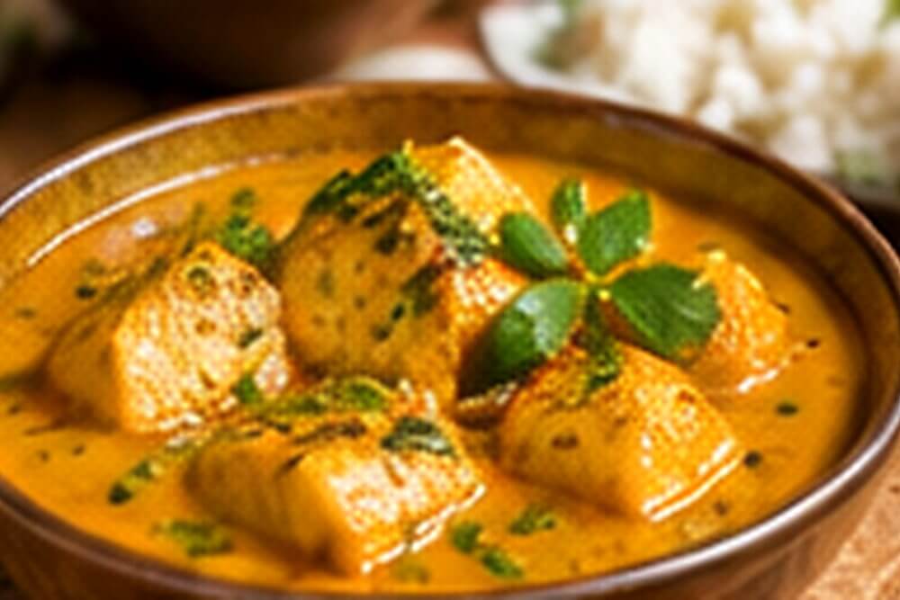 Miska rybnego curry z ryżem w lokalnym stylu kreolskim