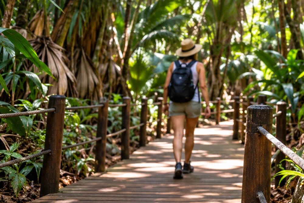 Turystka na leśnej ścieżce Vallée de Mai na Praslin