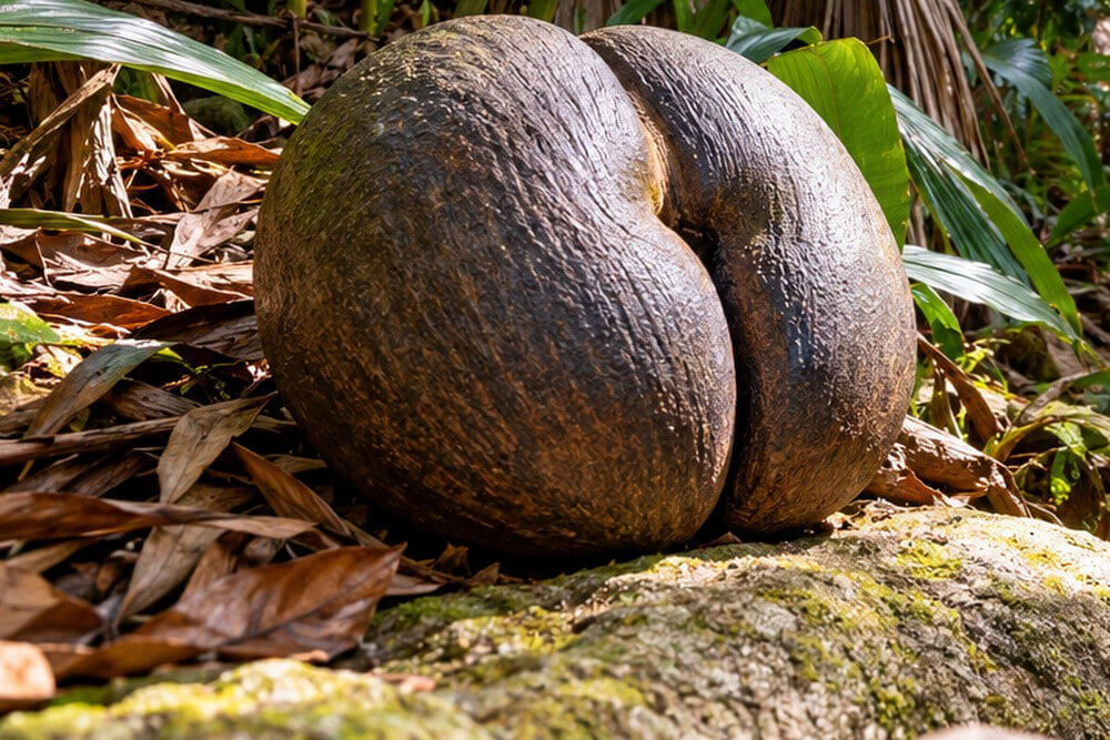 Duże nasiono coco de mer na leśnym podłożu Vallée de Mai