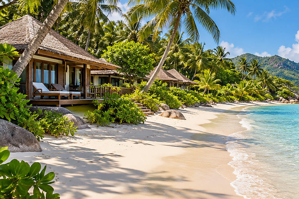 Bungalowy przy piaszczystej plaży na wyspie Praslin