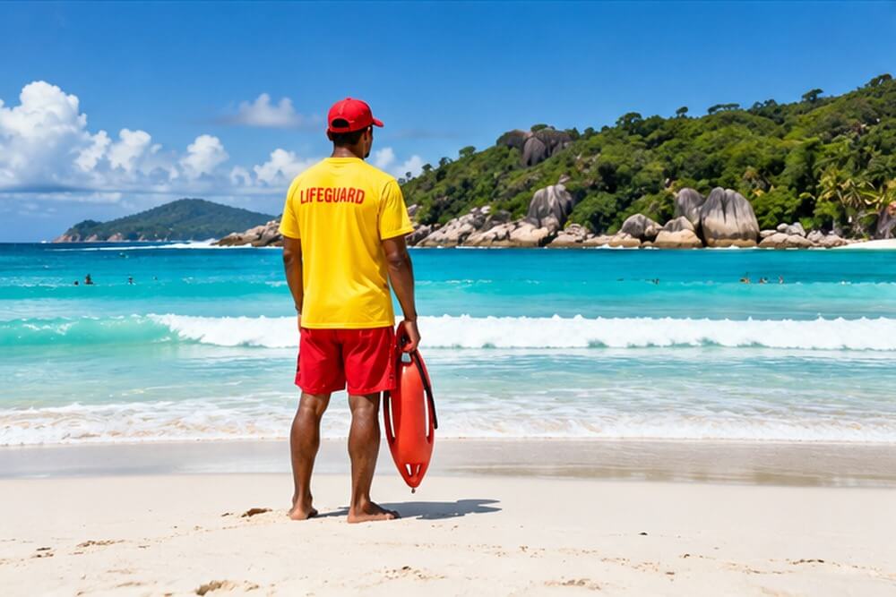 Ratownik obserwujący kąpielisko na plaży Anse Lazio na Praslin