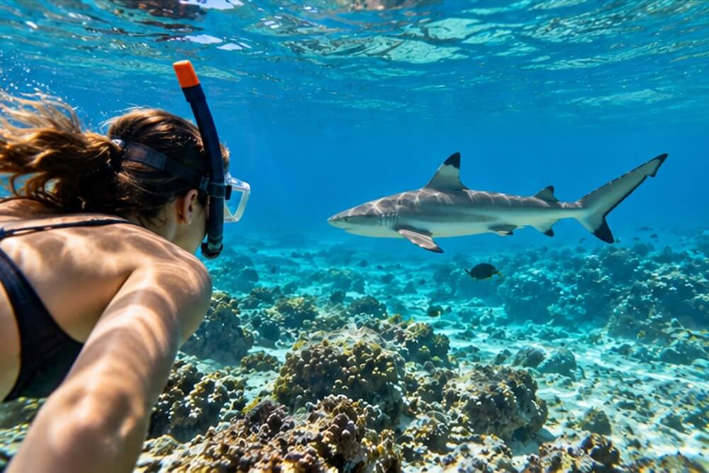 Snorkeler obserwujący rekina rafowego z bezpiecznego dystansu